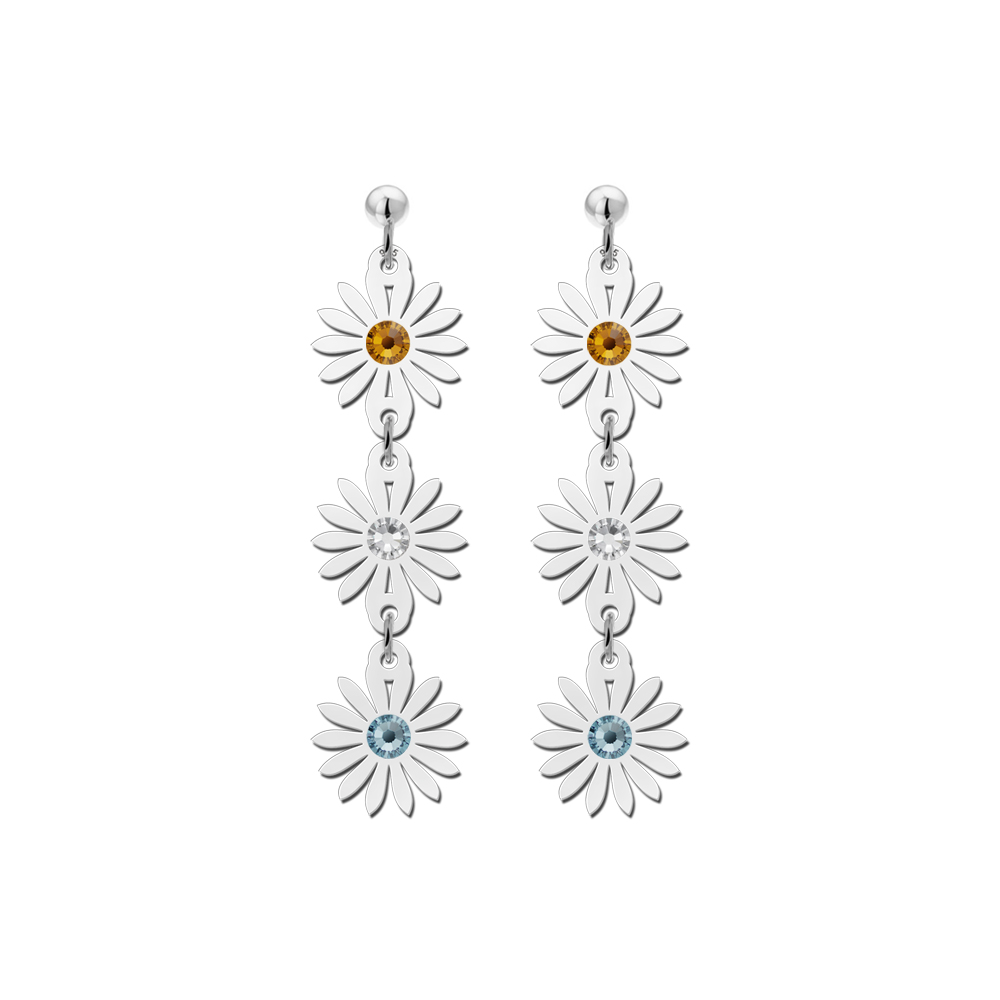 Silver earrings three daisies with birthstones