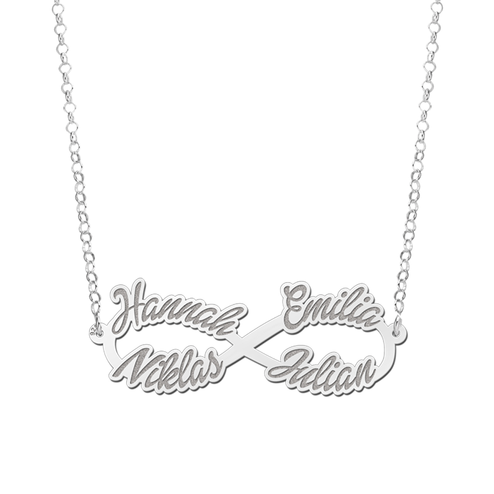 Silver infinity necklace with four names