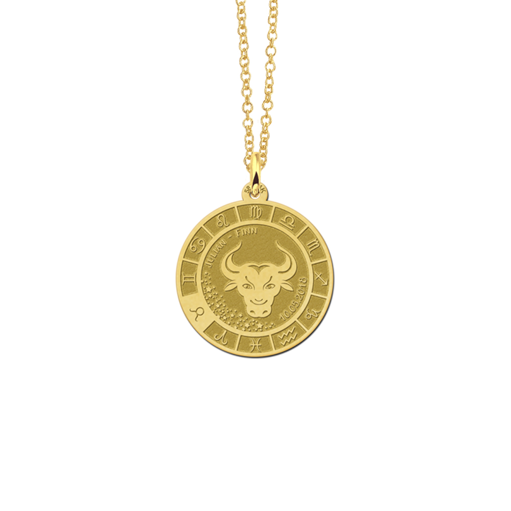 Gold round pendant zodiac taurus