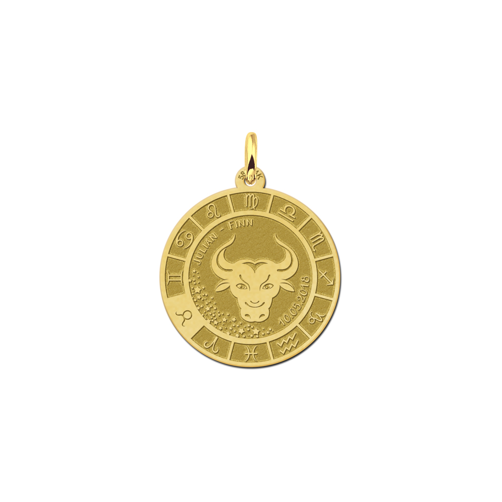 Gold round pendant zodiac taurus