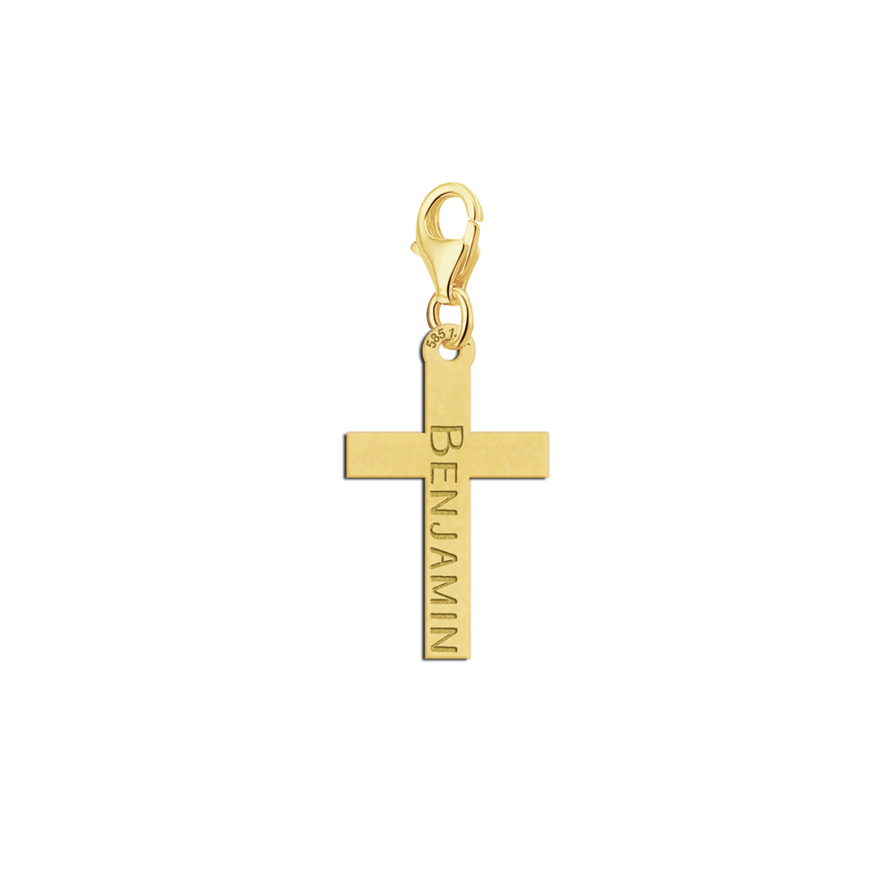 Golden cross shaped charm with name