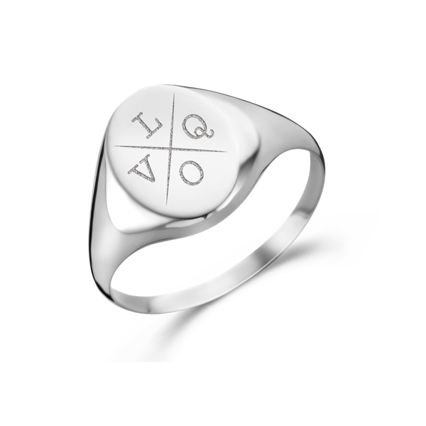 Oval silver signet ring with four initial