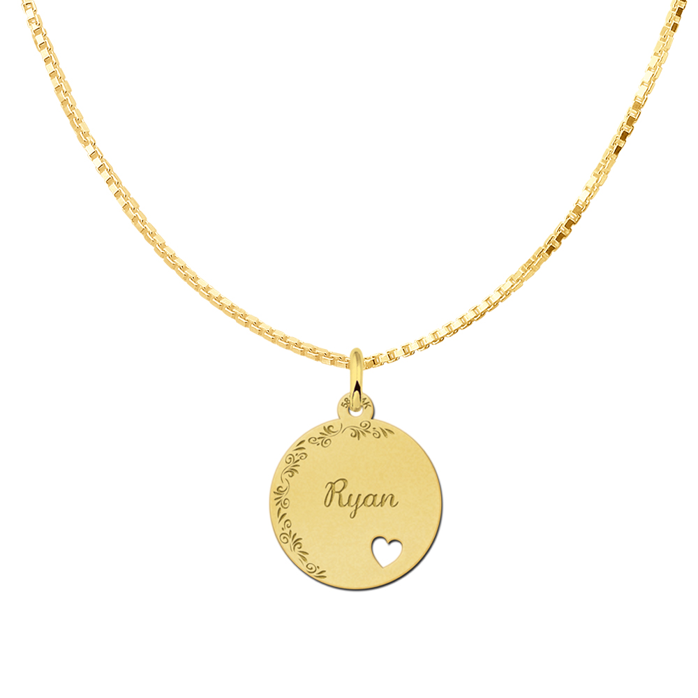 Gold Disc Necklace With Name, Flowers and Small Heart