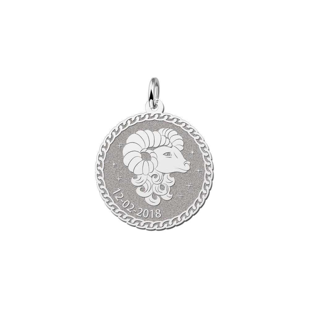 Silver Round Zodiac Pendant Aries with Name Engraving