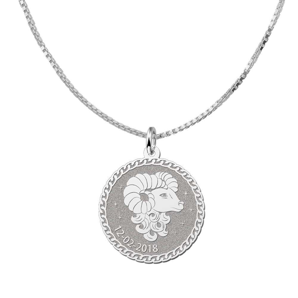 Silver Round Zodiac Pendant Aries with Name Engraving