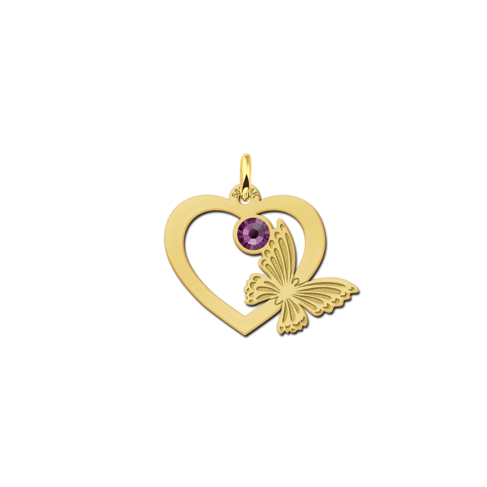 Golden heart with butterfly and birthstone