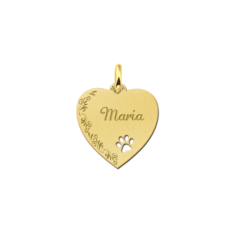 Engraved Gold Heart Necklace with Flowers and Dog Paw