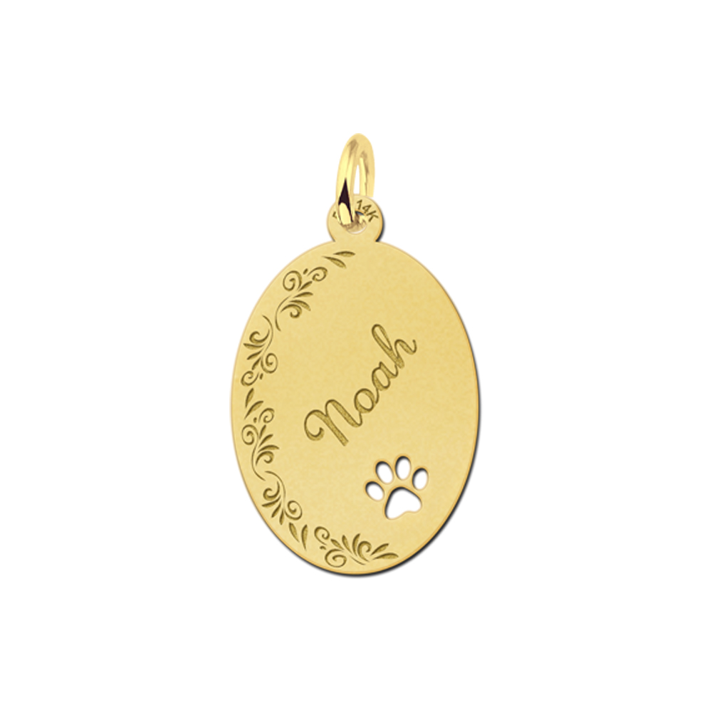 Engraved Golden Oval Pendant with Flowerborder and Dog Paw Large