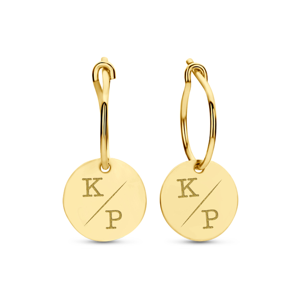Gold earrings with round pendant and initials