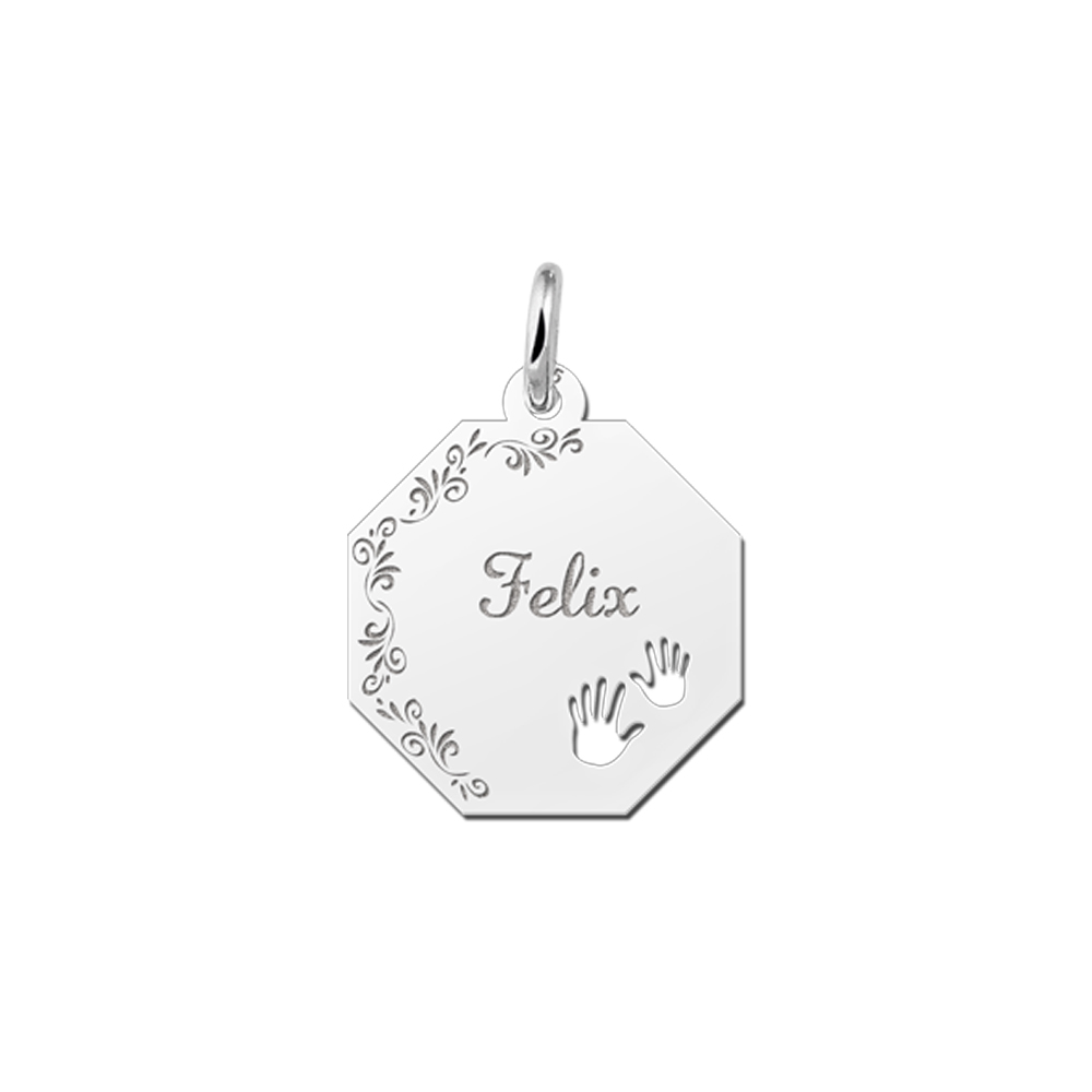 Silver Octagon Pendant with Name, Flowers and Hands