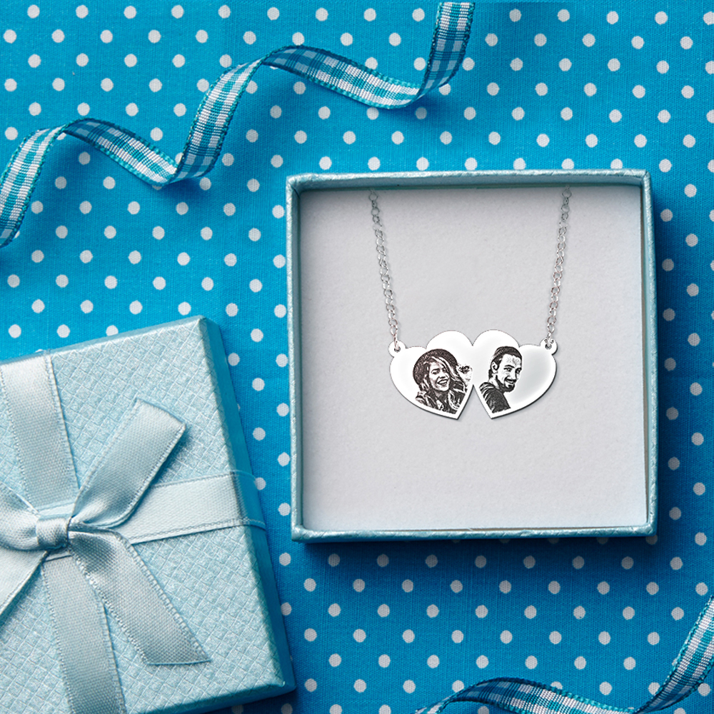 Silver double heart pendant with two photos