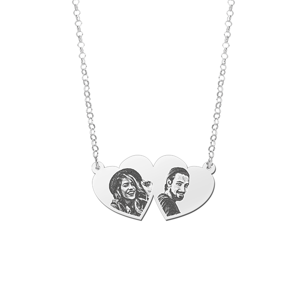 Silver double heart pendant with two photos