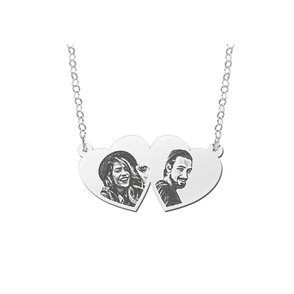 Silver double heart pendant with two photos