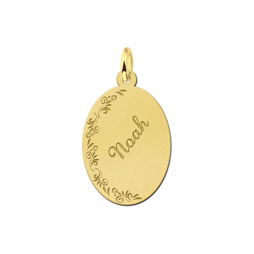 Gold-plated oval pendant with floral border and name
