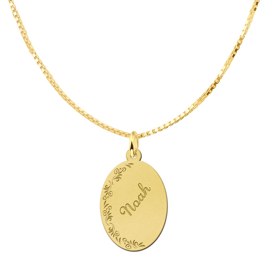 Gold-plated oval pendant with floral border and name