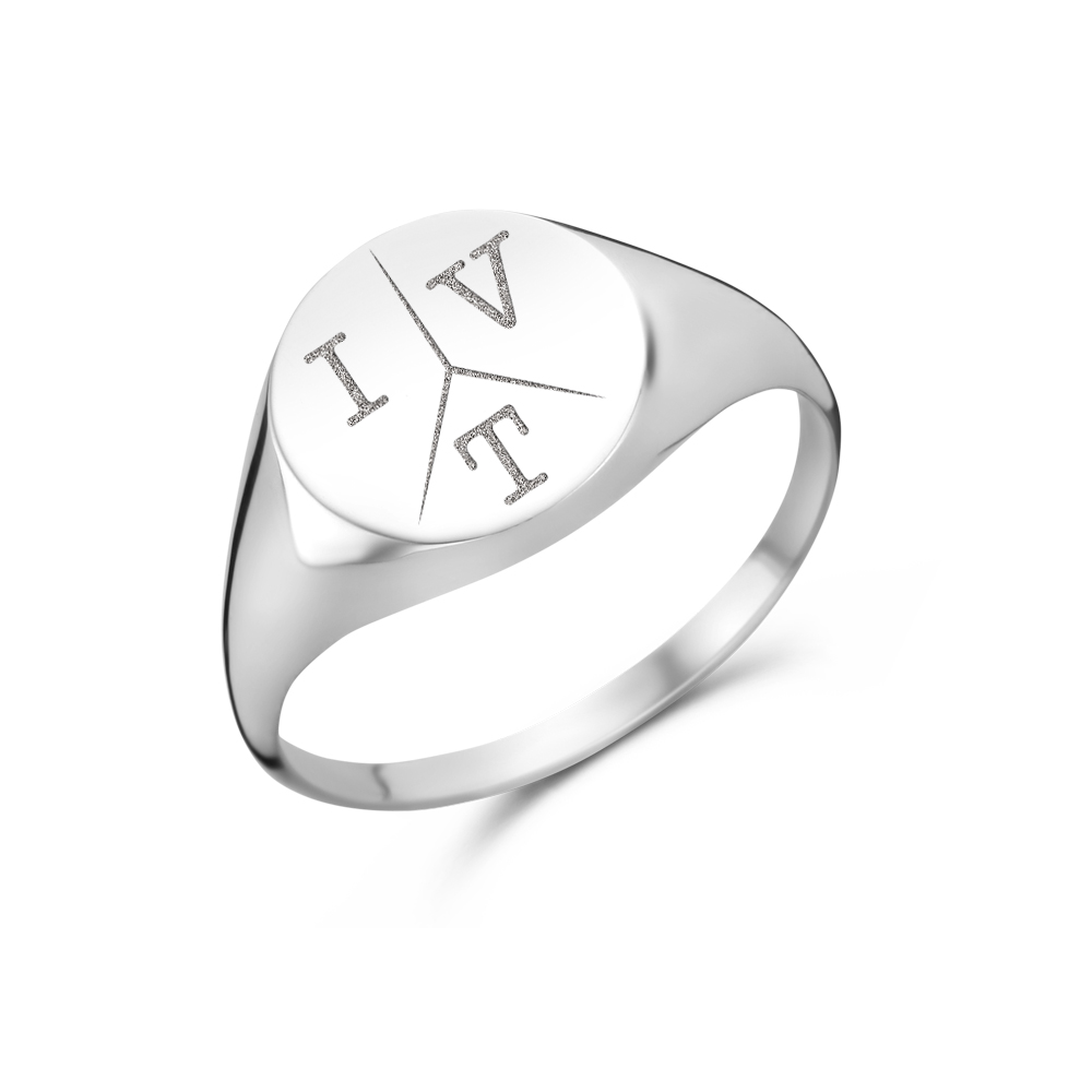 Round silver signet ring with three initial