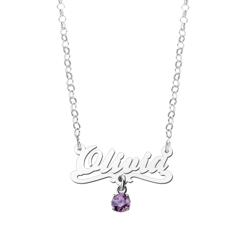 Silver Kids Name Necklace, Model Olivia Purple