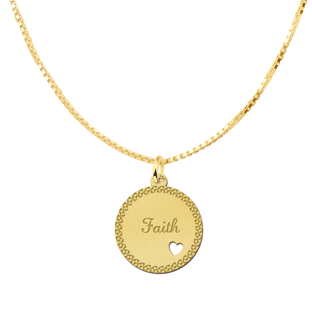 Golden disc pendant with name, border and heart