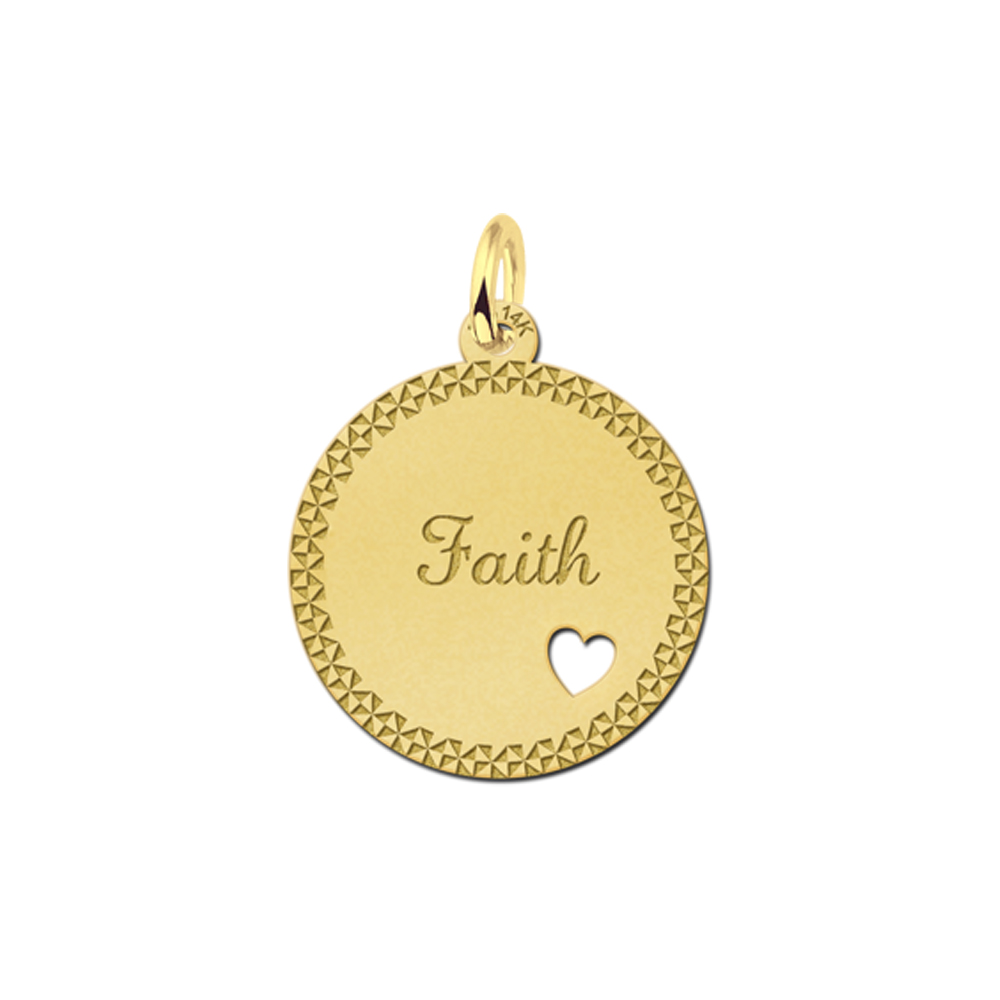 Golden disc pendant with name, border and heart