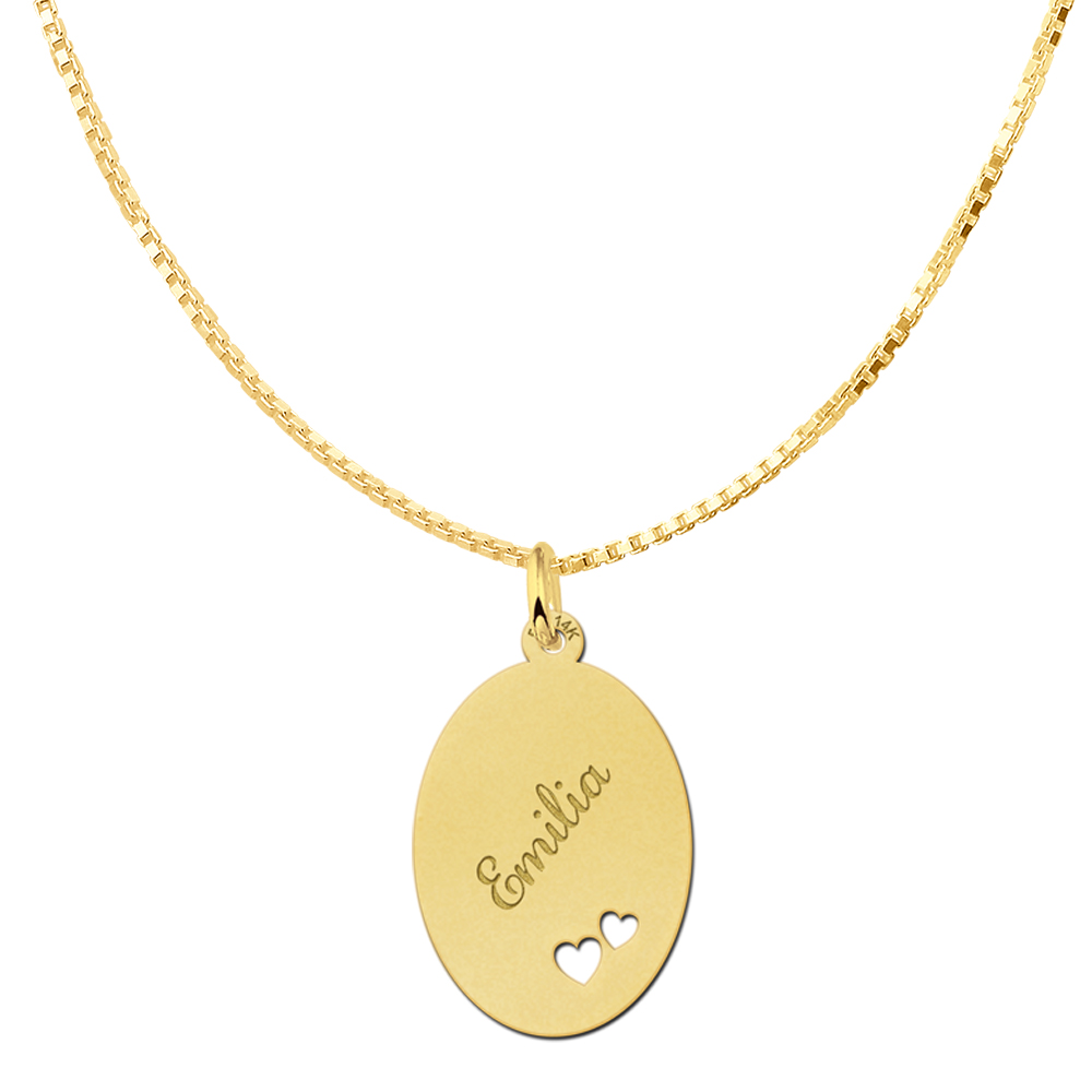 Golden Oval Necklace with Name and Two Hearts Large