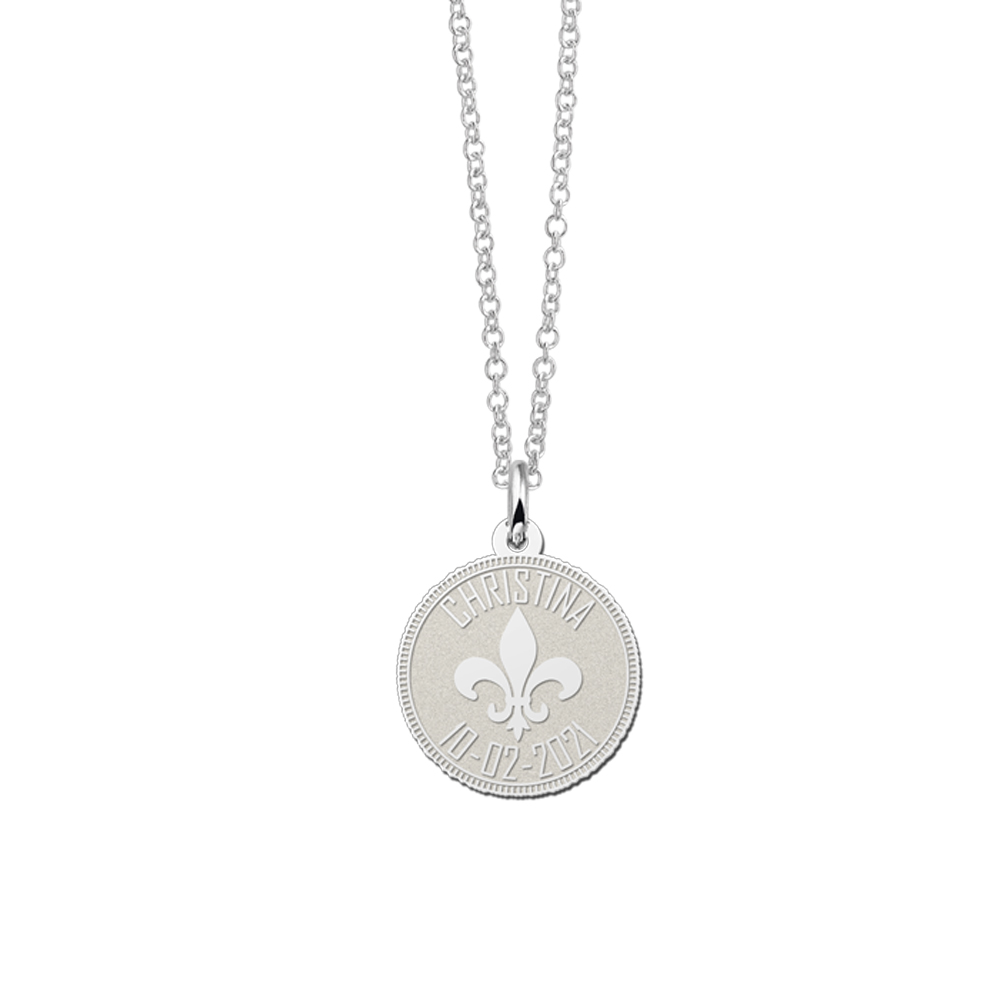 Silver coin pendant fleur de lille and engraving