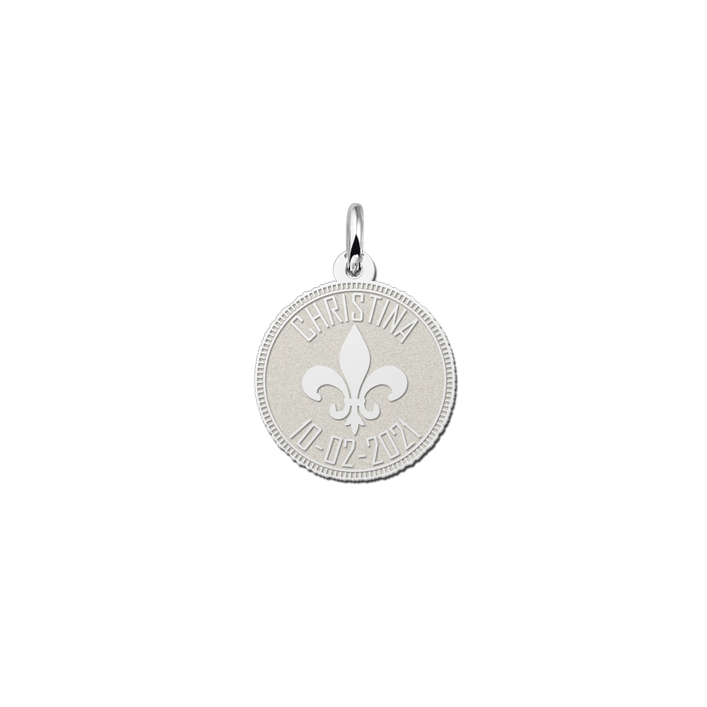 Silver coin pendant fleur de lille and engraving