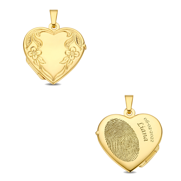 Gold heart medallion with flower engraving