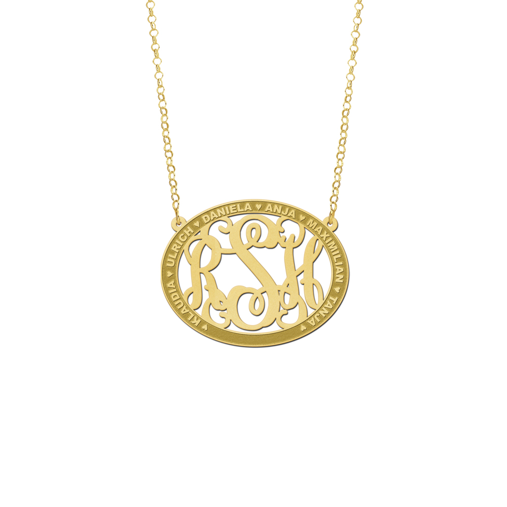 Gold Monogram Necklace with Names, Oval Large