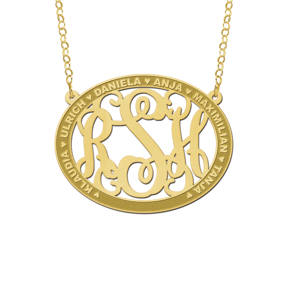 Gold Monogram Necklace with Names, Oval Large