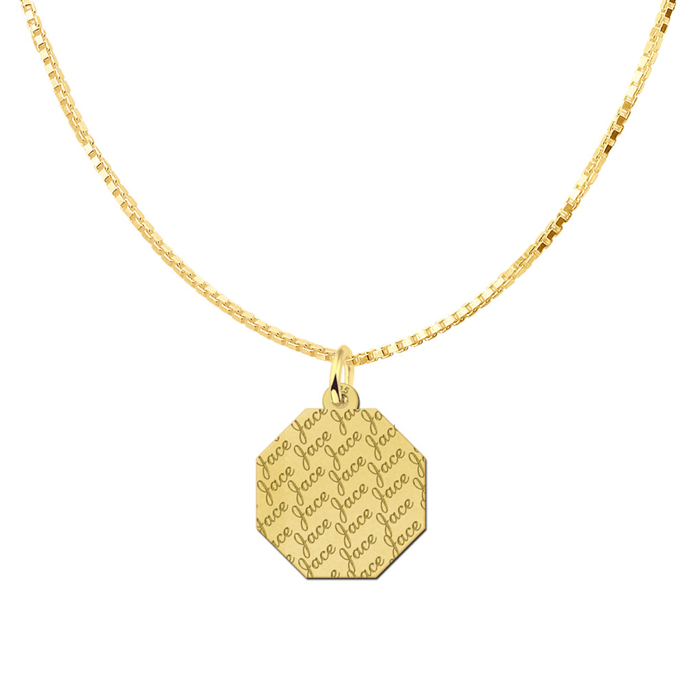 Angled gold-plated pendant with repeated name pattern