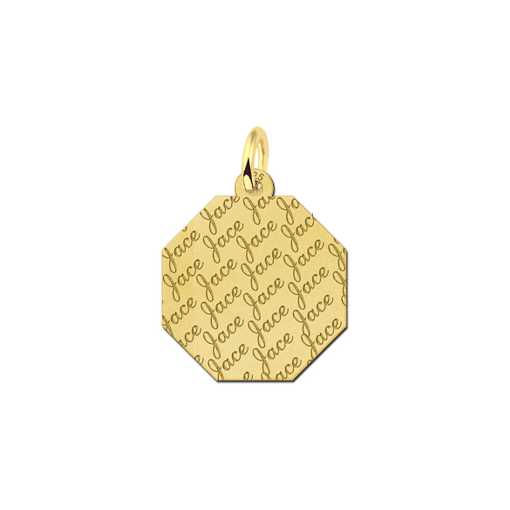 Angled gold-plated pendant with repeated name pattern