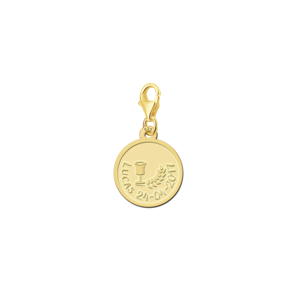 Gold Plated Round Charm with Baptismal Font and Branch, Name and Date