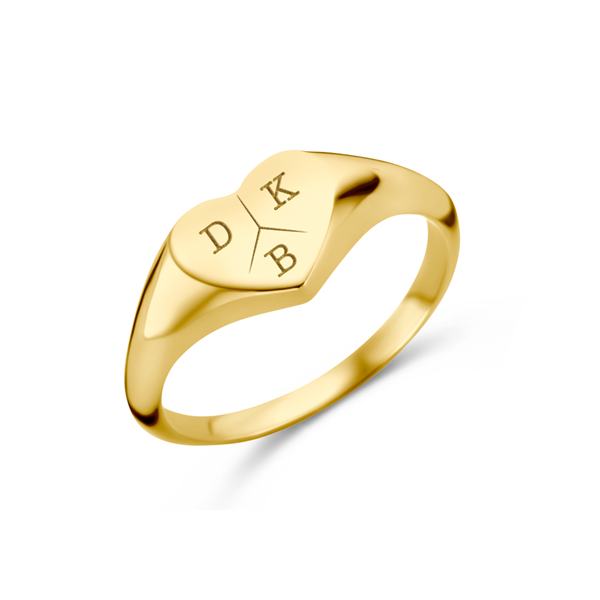 Heart-shaped gold signet ring with three initial