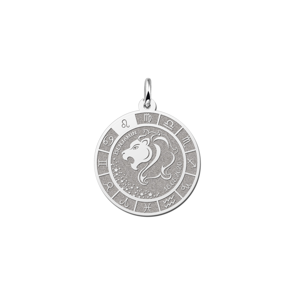 Silver Round Zodiac Pendant Leo with Name Engraving