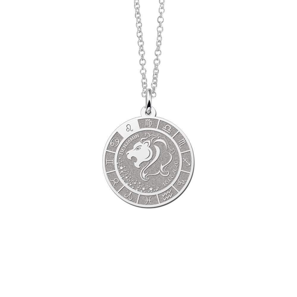 Silver Round Zodiac Pendant Leo with Name Engraving