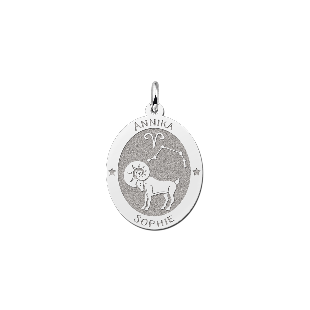 Silver Oval Zodiac Pendant Aries with Name Engraving