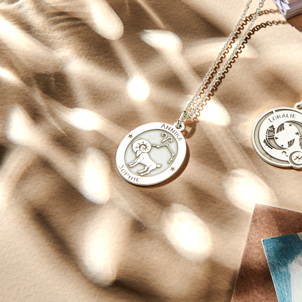 Silver Oval Zodiac Pendant Aries with Name Engraving