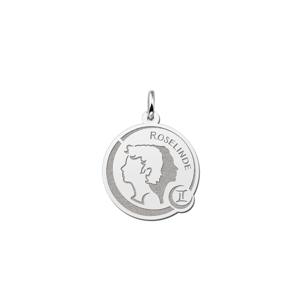 Silver Round Zodiac Pendant Gemini with Name Engraving
