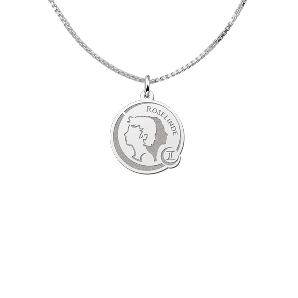 Silver Round Zodiac Pendant Gemini with Name Engraving