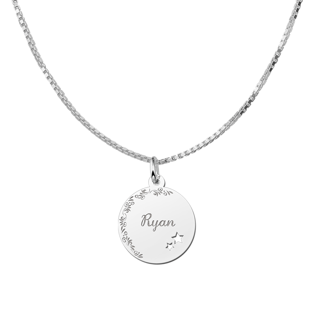 Silver Disc Necklace with Name, Flower Border and Stars
