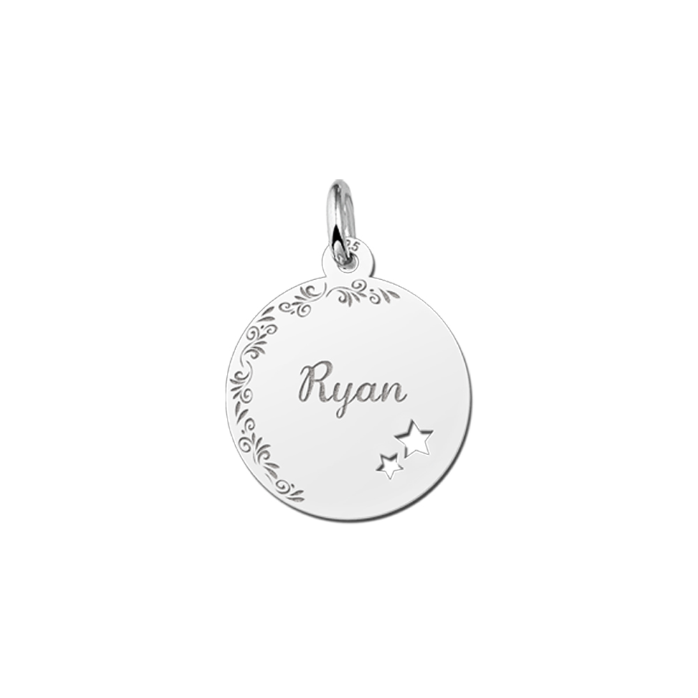 Silver Disc Necklace with Name, Flower Border and Stars