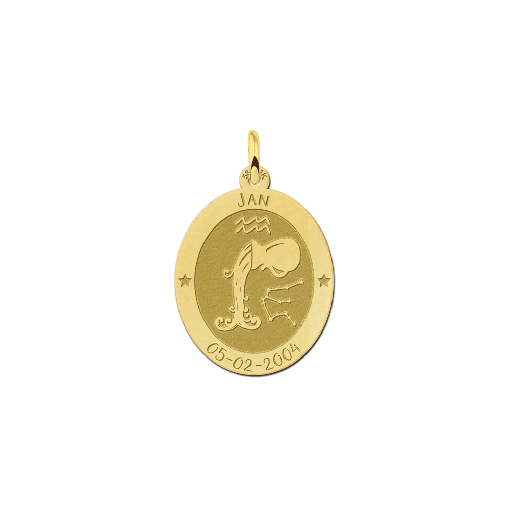 Golden oval zodiac pendant Aquarius