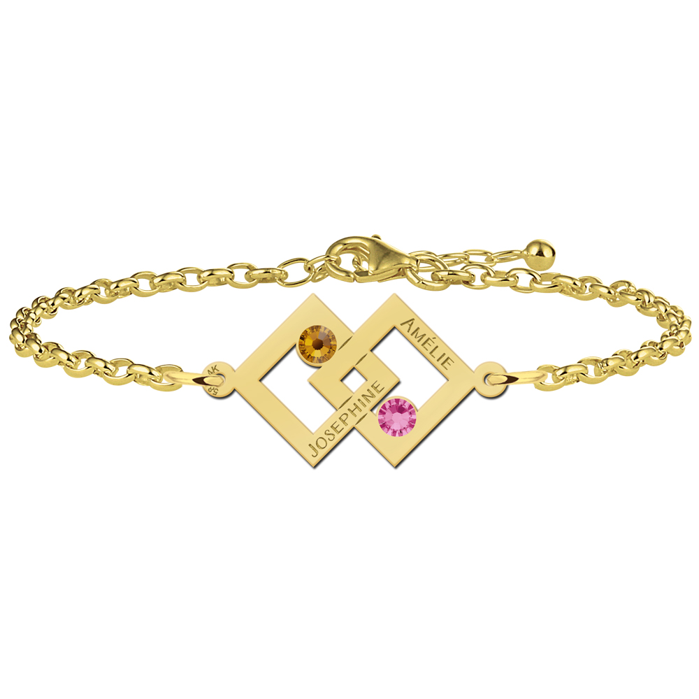 Golden mother-daughter bracelet with two rectangles and birthstones