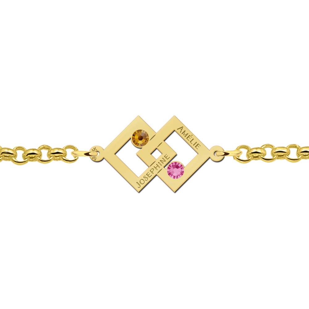 Golden mother-daughter bracelet with two rectangles and birthstones