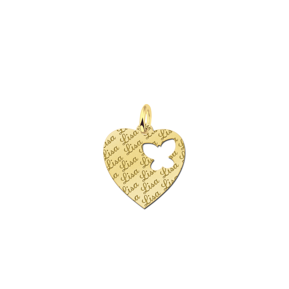 Engraved Gold Heart Pendant with Butterfly