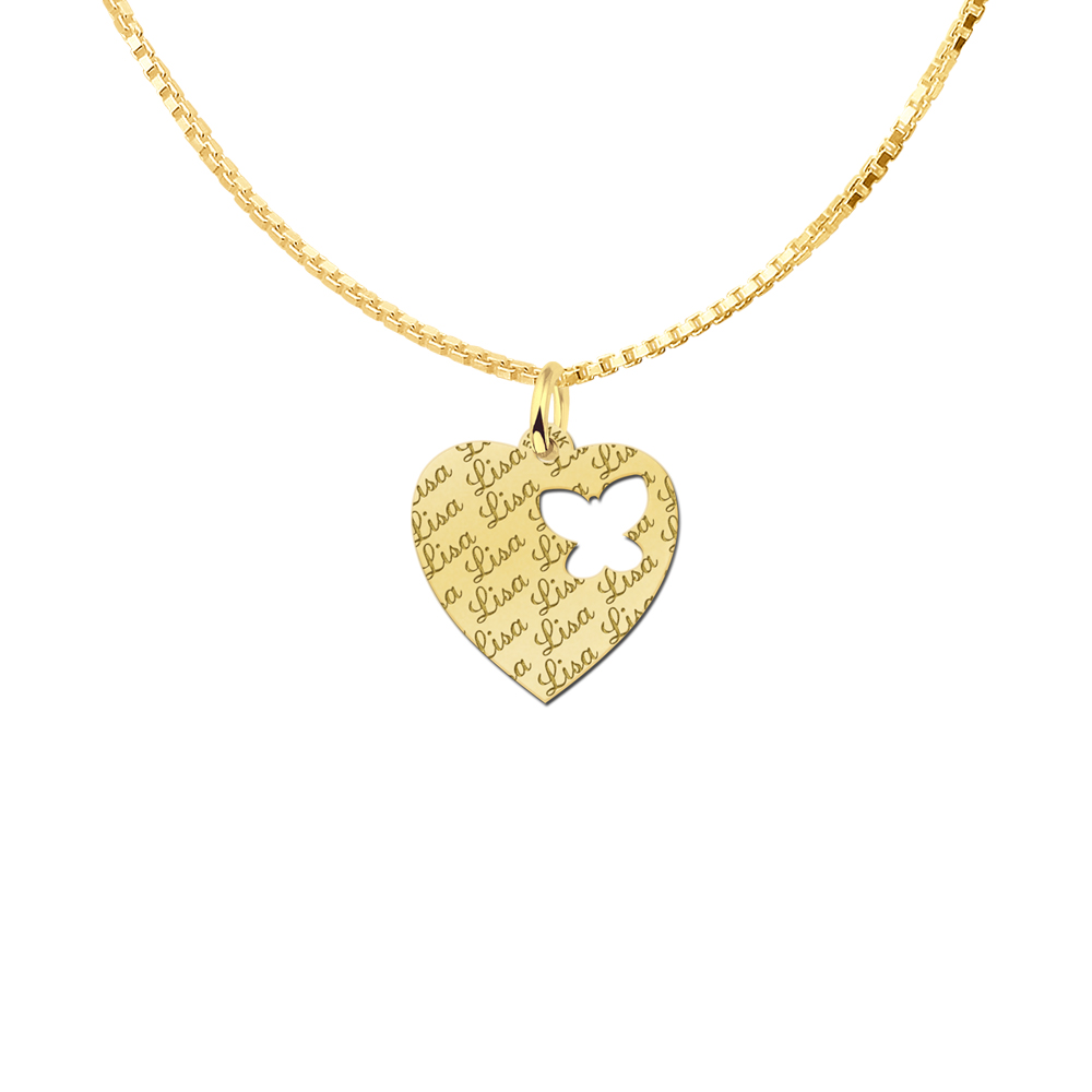 Engraved Gold Heart Pendant with Butterfly