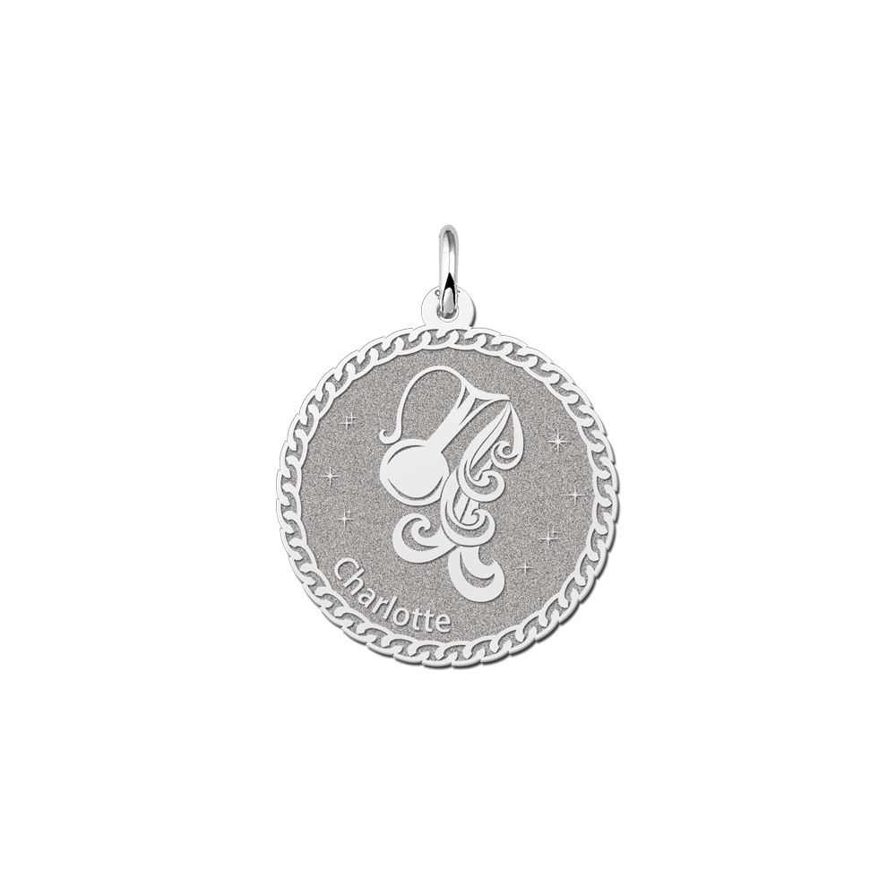 Silver Round Zodiac Pendant Aquarius with Name Engraving