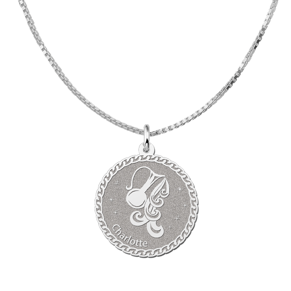 Silver Round Zodiac Pendant Aquarius with Name Engraving