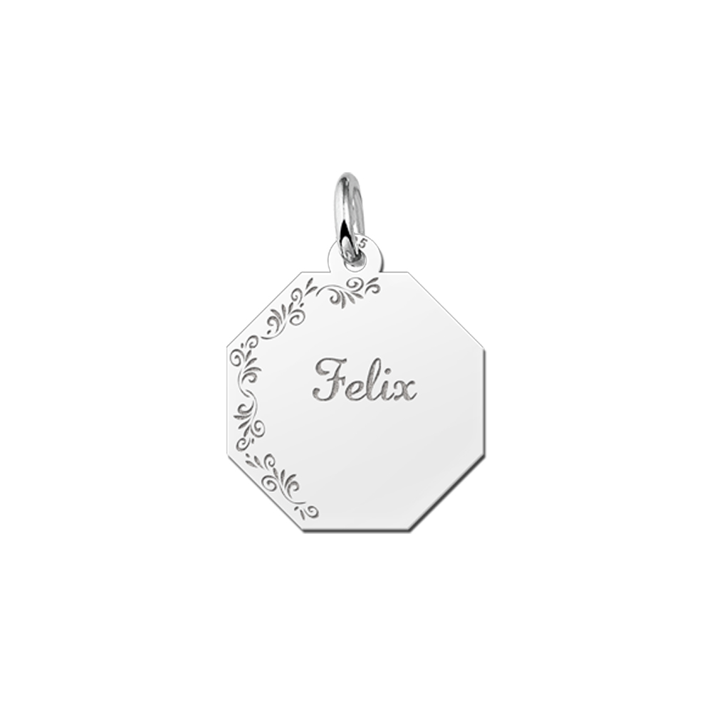 Silver octagonal pendant with floral border and name