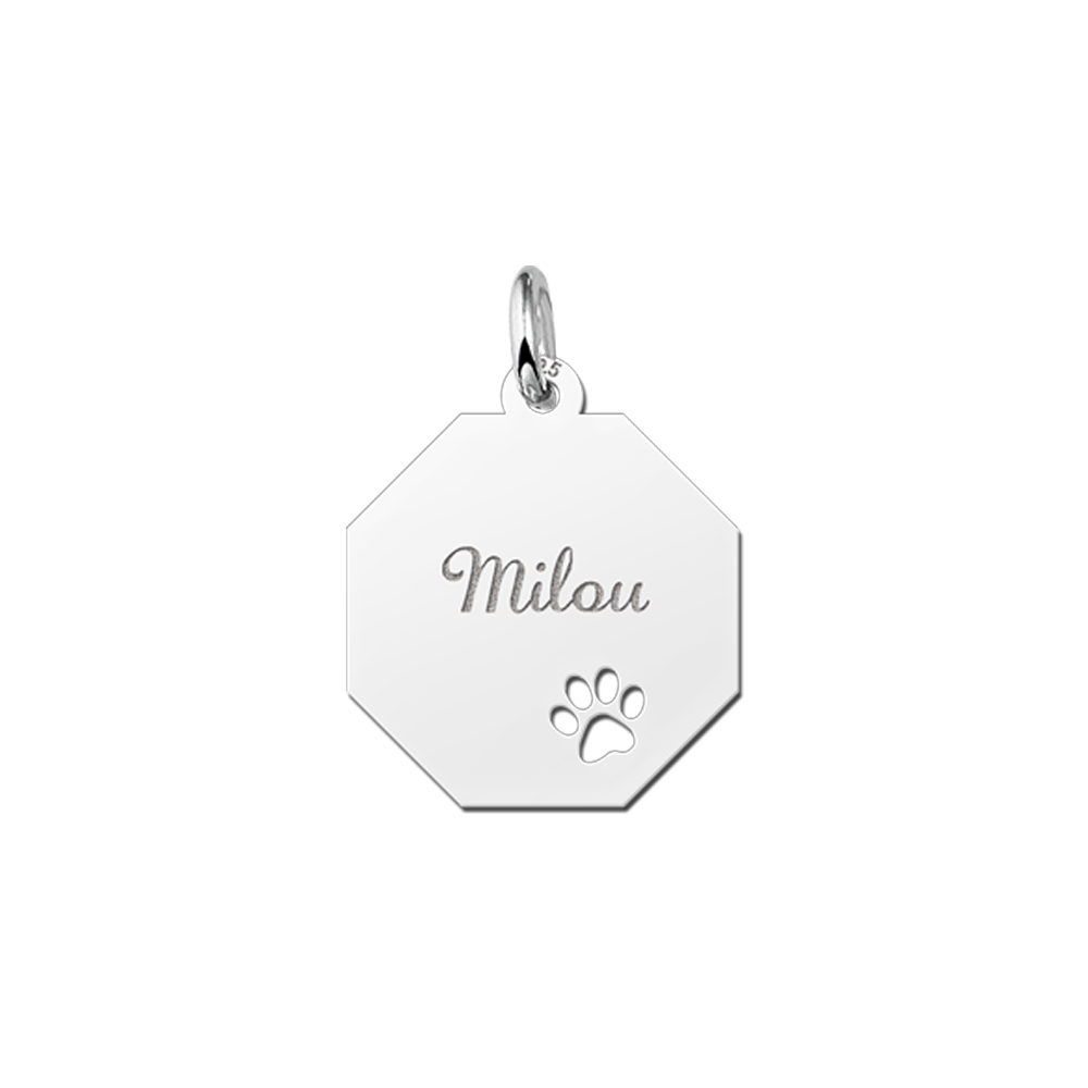 Silver Octagon Pendant with Name and Dog Paw